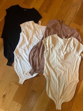 Set of 4, Women’s V-Neck Bodysuit - Black, White, Cream, Taupe